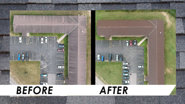 Aerial before and after view of a commercial flat roof showing color and surface restoration after treatment