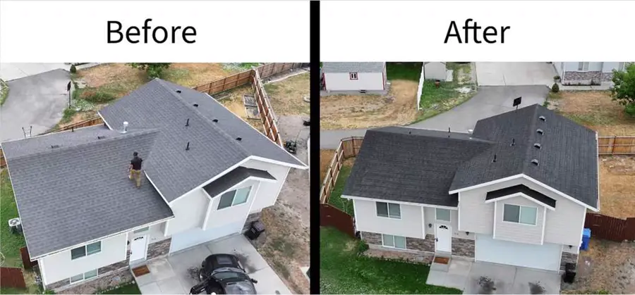 Aerial before and after view of a residential roof: left side shows faded weathered shingles, right side shows restored dark uniform shingles after GoNano treatment
